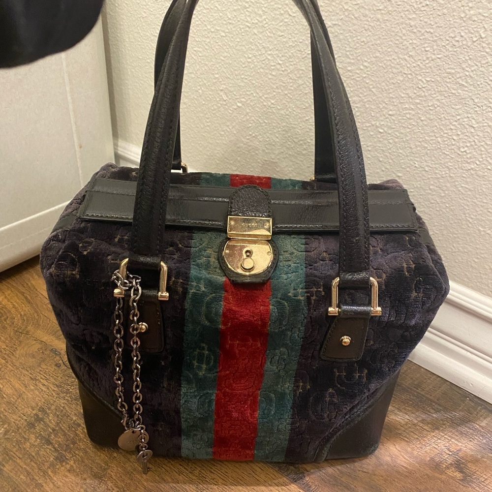 Gucci Black Multicolor Velvet Leather Horse-bit Treasure Boston Bag